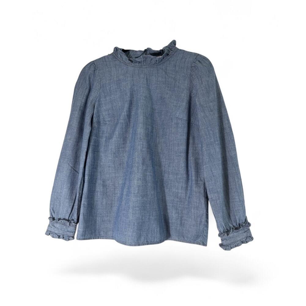J Crew Women Denin Top Long Sleeve Chambray Ruffle Neck Size XS Blue Preppy